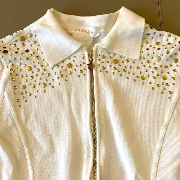 Escada Woman’s White & Gold Studded Cropped Jacket Full Double Zipper. Size 4. - Picture 2 of 8